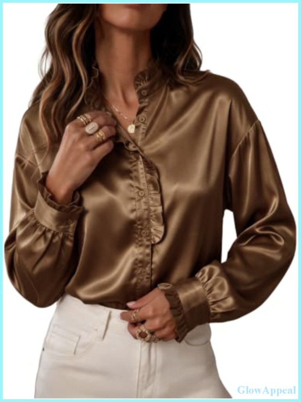 Satin Ruffle Collar Button Down Shirt Long Sleeve Blouse